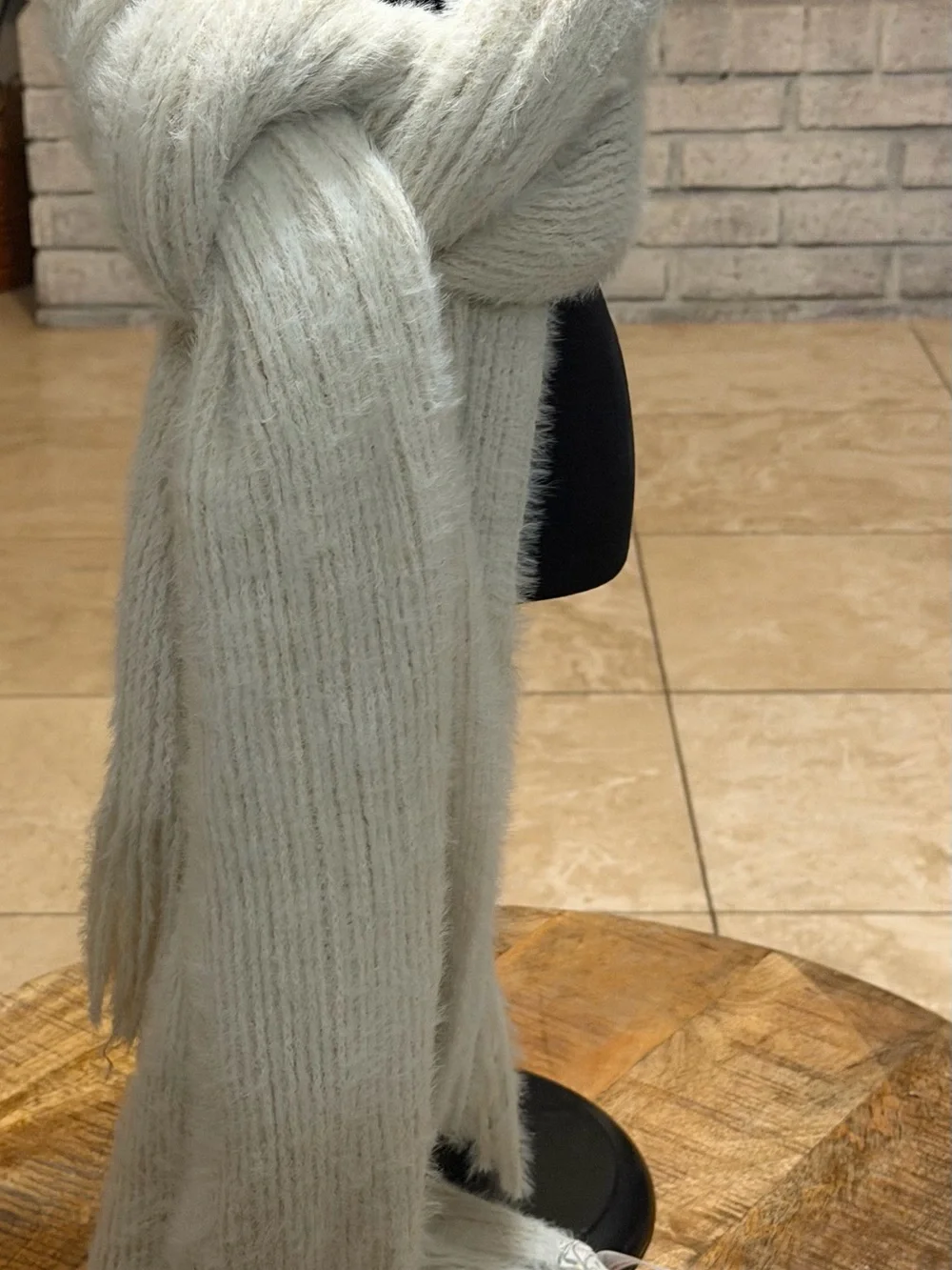 Free People Winter Chill Soft Fuzzy Fringe Blanket Scarf 80x32”  Beige